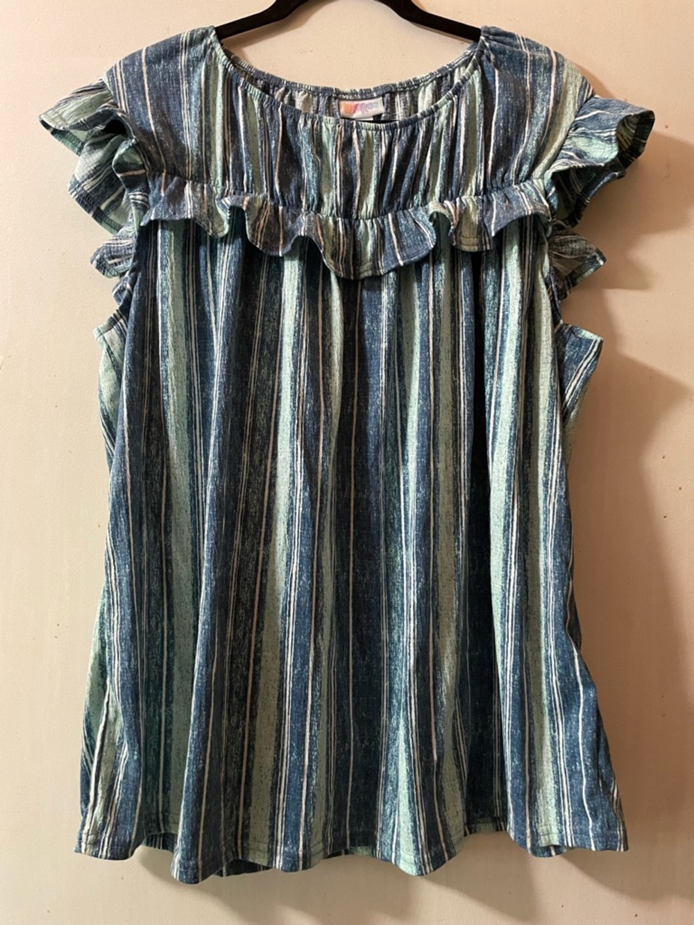 LuLaRoe Striped Ruffle Sleeve Blouse - Blue & Green